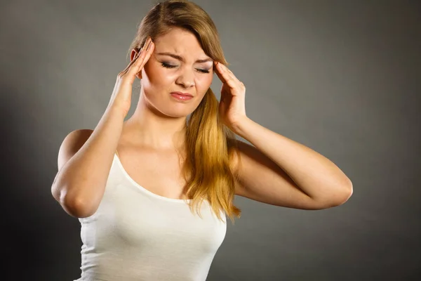 Problemi Salute Stress Depressione Donna Che Soffre Mal Testa Emicrania — Foto Stock