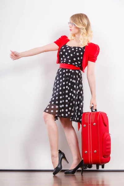 Traveling Vacation Life Concept Elegant Lovely Woman Wearing Polka Dot — Stock Photo, Image