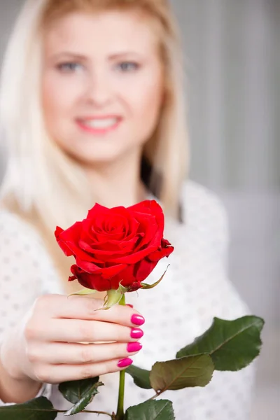 Романтика Концепция Подарков День Святого Валентина Красивая Блондинка Красной Розой — стоковое фото