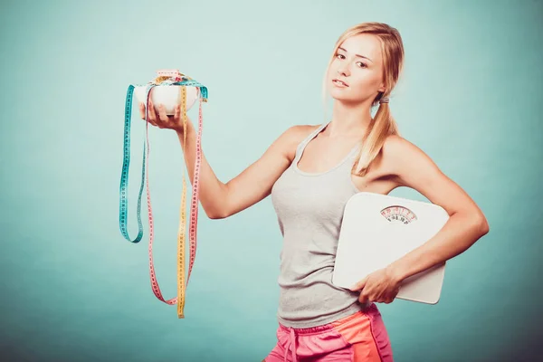 Dieta Alimentação Saudável Conceito Corpo Magro Apto Fitness Girl Segurando — Fotografia de Stock