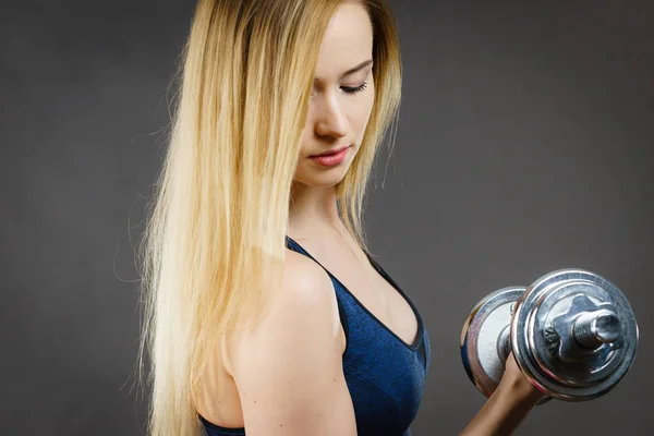 Strong Woman Lifting Dumbbells Weights Fit Girl Attractive Blonde Model — Stock Photo, Image