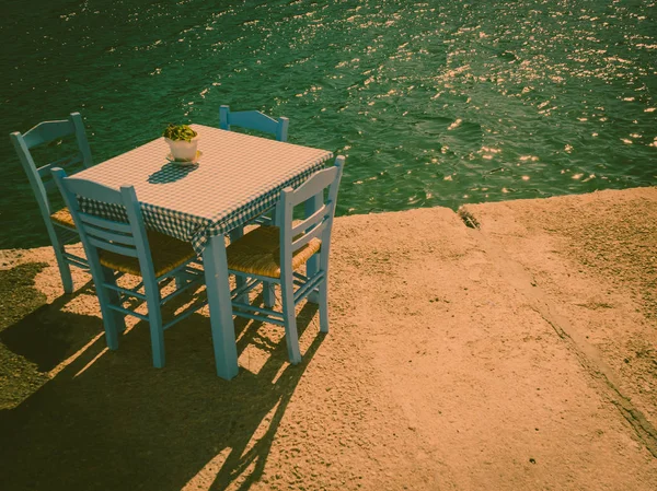 Seaside Mesa Azul Cadeiras Aberto Café Restaurante Livre Grécia Costa — Fotografia de Stock