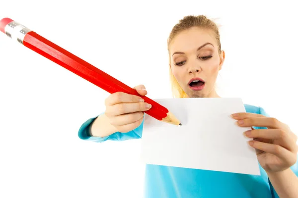 Teenage Woman Being Shocked Amazed Writing Some Notes Piece Paper — Stock Photo, Image