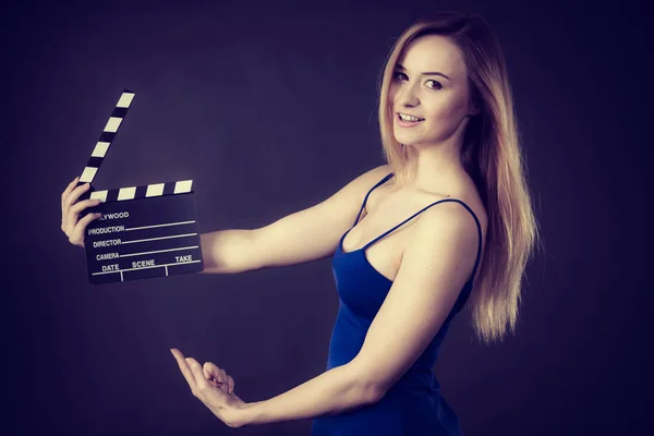 Woman Holding Professional Film Slate Movie Clapper Board Hollywood Production — Stock Photo, Image