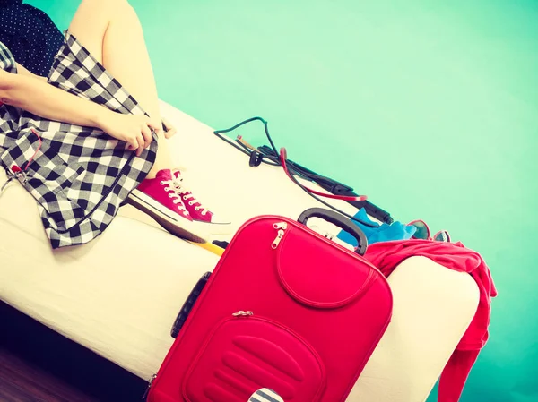 Traveling Waiting Adventure Concept Woman Relaxing Couch Packing Her Red — Stock Photo, Image