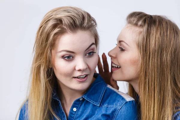Duas Mulheres Falando Fofocas Contando Histórias Meninas Conversam Divertindo Vestindo — Fotografia de Stock