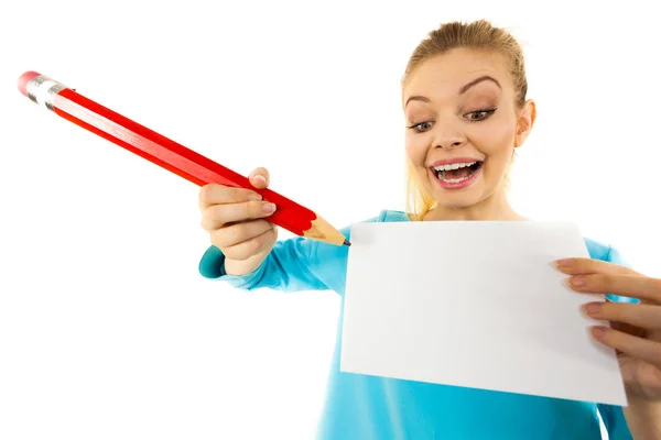 Teenage Woman Writing Some Notes Piece Paper Using Big Oversized — Stock Photo, Image