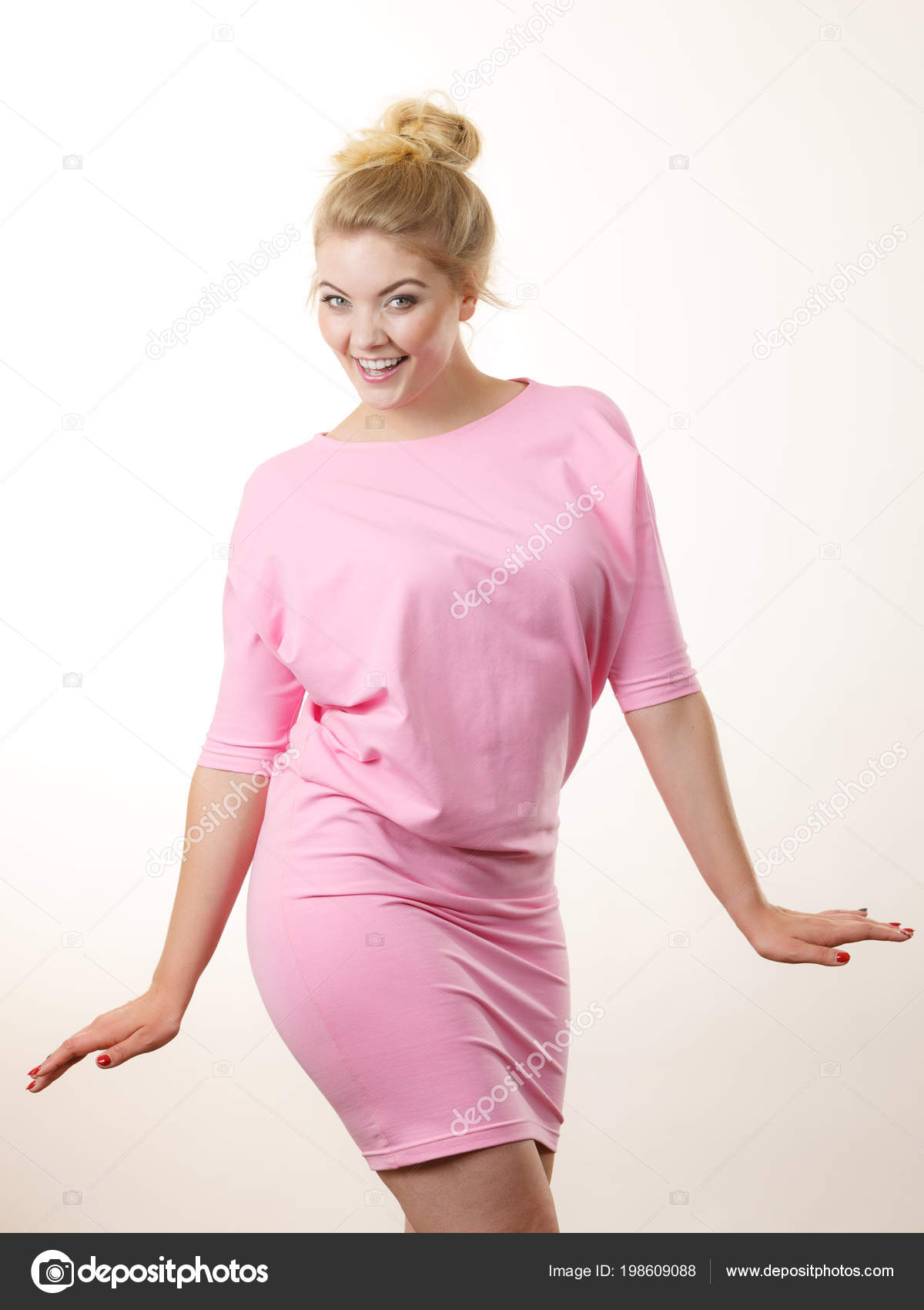 Happy Positive Cheerful Smiling Woman Wearing Pink Dress Blonde