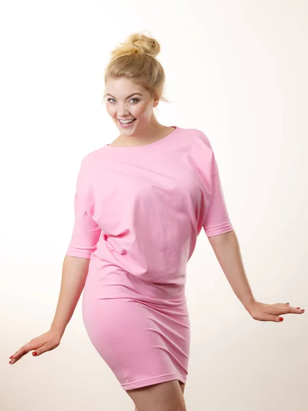 Happy Positive Cheerful Smiling Woman Wearing Pink Dress Blonde Hair — Stock Photo, Image