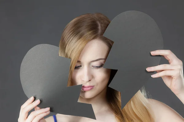 Sad Young Woman Black Broken Paper Heart Negative Sad Emotions — Stock Photo, Image