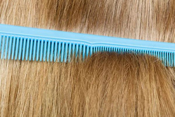 Kämmen Und Bürsten Konzept Routine Alltagshygiene Detailaufnahme Blauer Kamm Blonden — Stockfoto