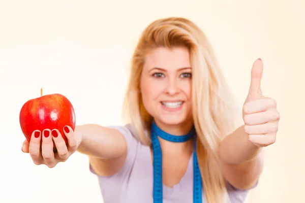 Dieta Adelgazamiento Alimentos Saludables Concepto Frutas Mujer Rubia Con Cinta — Foto de Stock