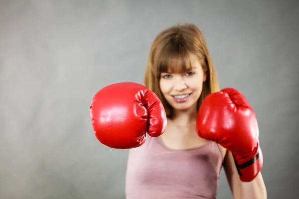 Sporty Woman Wearing Red Boxing Gloves Fighting Studio Shot Grey — Stock Photo, Image