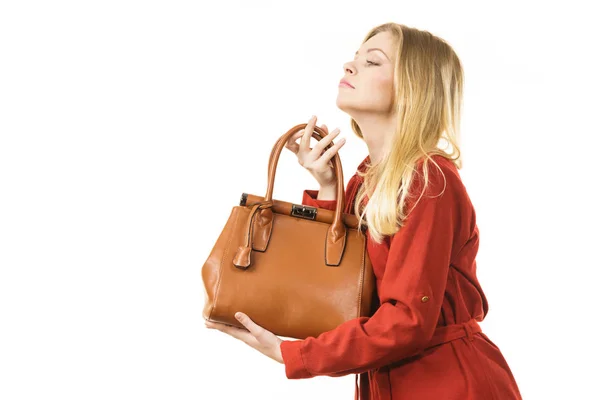 Woman Protecting Her Handbag Thieves Youn Female Guarding Expensive Leather — Stock Photo, Image