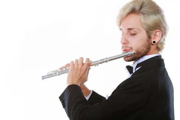 Klassieke Muziek Studie Concept Mannelijke Fluitist Muzikant Die Fluit Speelt — Stockfoto