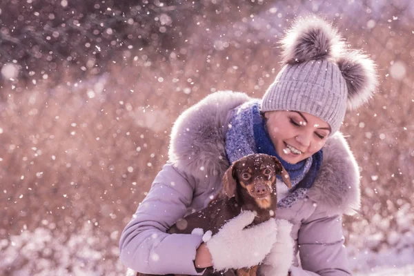 Tânără Distrează Iarna Femeia Joacă Cățelușul Câine Rasă Pură Timp — Fotografie, imagine de stoc