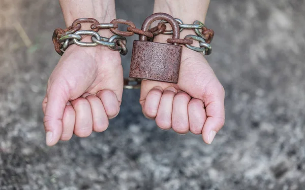 Crime Arrest Jail Concept Closeup Woman Chained Hands Padlock Grunge — Stock Photo, Image