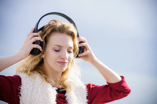 Happy Joyful Woman Listening Music While Being Outdoor Teenage Female — Stock Photo, Image