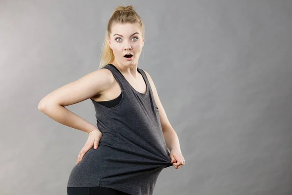 Woman Being Surprised Huge Weight Loss Her Shirt Big Dieting — Stock Photo, Image