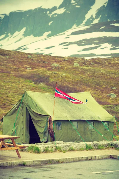 Big old tent in Haukeli mountains in summer time, place for travellers rest, Norway
