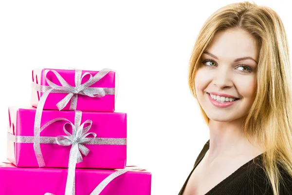 Happy Positivie Young Teenage Woman Holding Big Pile Pink Gift Stock Image