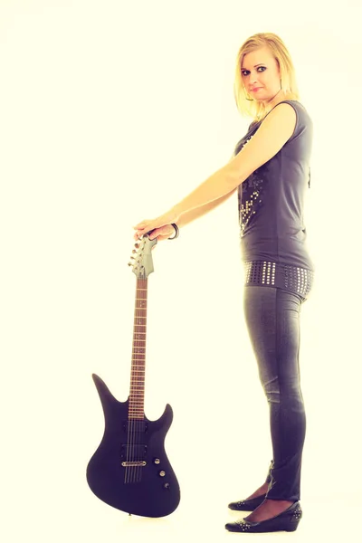 Love Music Young Pretty Girl Black Electric Guitar Blonde Woman — Stock Photo, Image