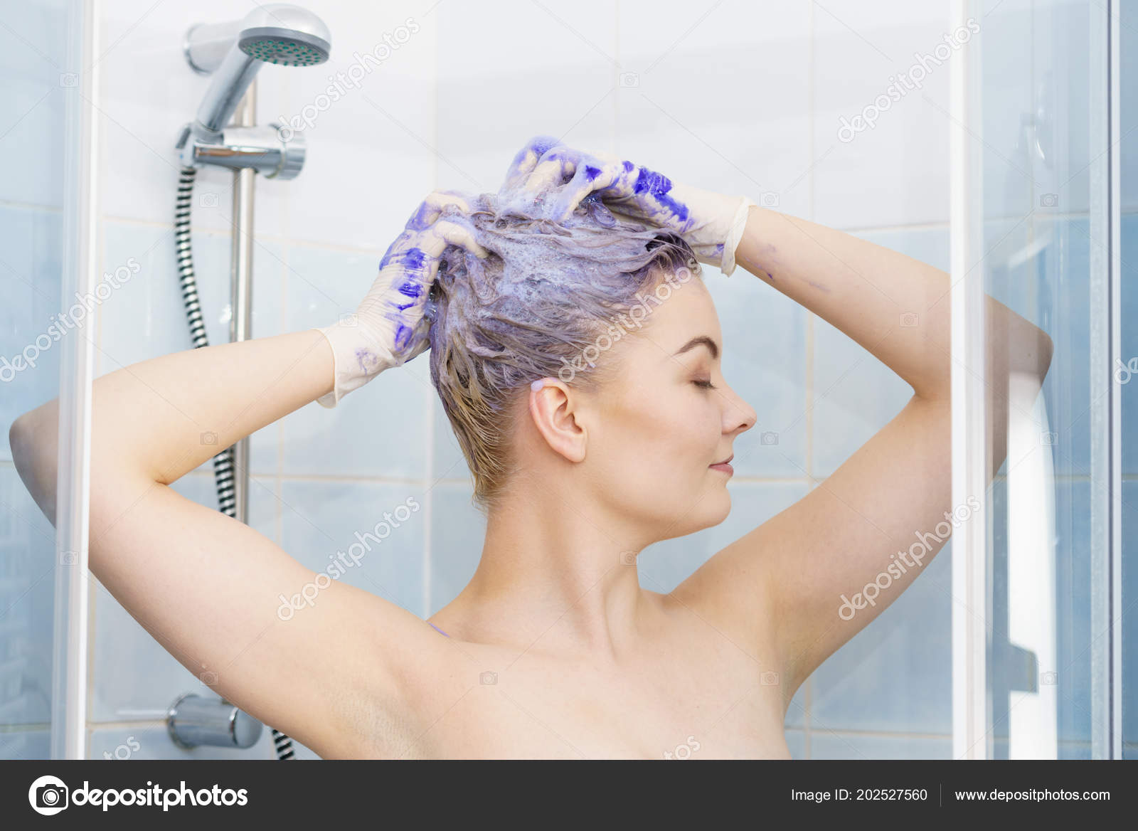 Woman Applying Coloring Shampoo Her Hair Female Having Purple