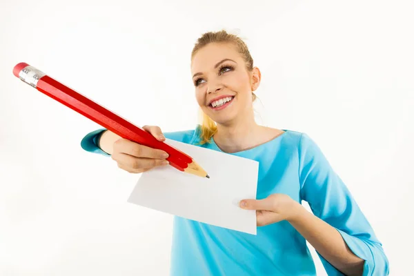 Teenage Woman Writing Some Notes Piece Paper Using Big Oversized — Stock Photo, Image