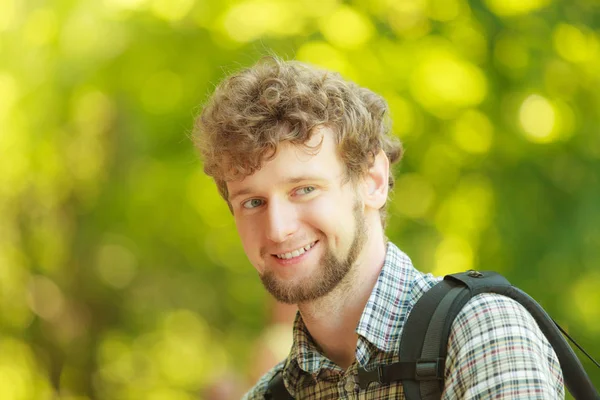 Adventure Tourism Enjoying Summer Time Young Tourist Man Backpack Hiking — Stock Photo, Image