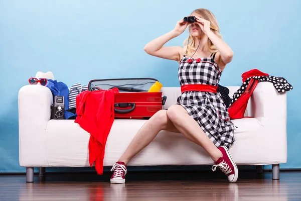Packing Journay Traveling Concept Woman Looking Binoculars Sitting Couch Suitcase — Stock Photo, Image