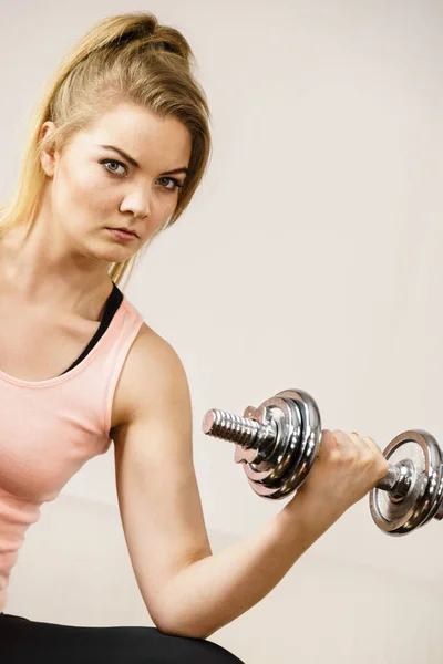 Young Woman Working Out Home Heavy Dumbbells Training Home Being — Stock Photo, Image