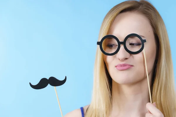 Woman Holding Carnival Accessories Eyeglasses Moustache Stick Having Fun Studio — Stock Photo, Image