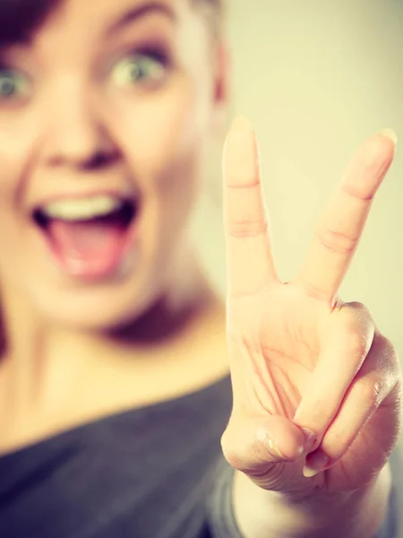 Good Feeling Positive Emotions Win Cheerful Happy Female Shows Two — Stock Photo, Image