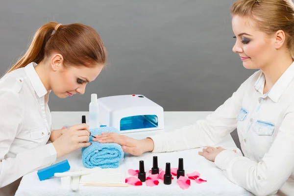 Manicure Process Concept Young Beautician Woman Customer Beauty Salon Female — Stock Photo, Image