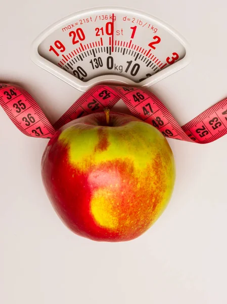 Dieting Healthy Eating Slim Concept Closeup Apple Measuring Tape Weight — Stock Photo, Image