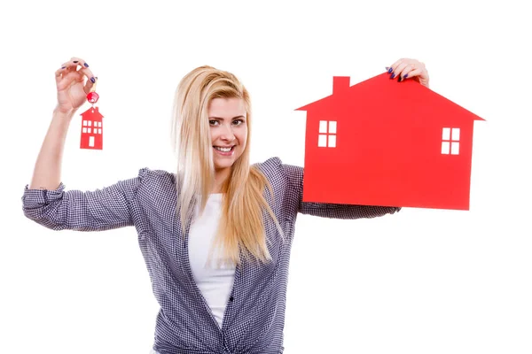 Ownership Property Concept Happy Woman Holding Red Paper House Keys — Stock Photo, Image