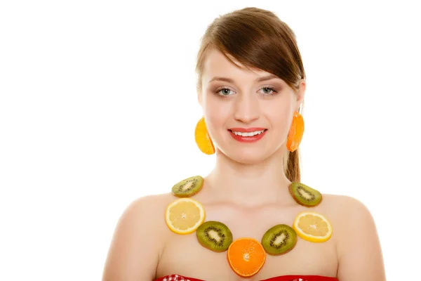Diet Happy Girl Necklace Earrings Fresh Citrus Fruits Isolated White — Stock Photo, Image