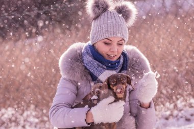 Genç bir kadın kışın eğleniyor. Kar yağarken iki küçük safkan köpek yavrusuyla oynayan dişi.