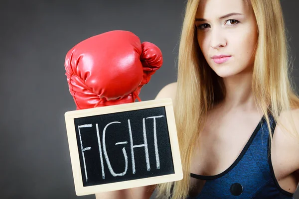 Young Sporty Woman Wearing Boxing Glove Holding Black Board Fight — Stock Photo, Image