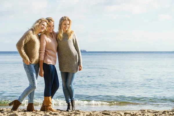 暖かい秋の天気の間にセーターを着ている3人のファッショナブルな女性は 日当たりの良いビーチで自由な時間を過ごしています ファッションモデル屋外 — ストック写真