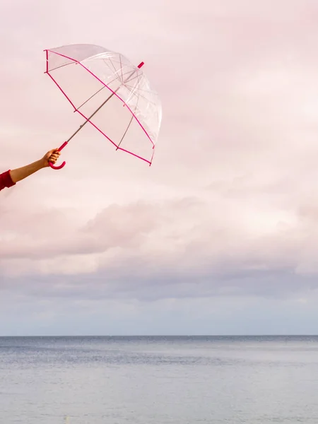 Unrecognizable Human Hand Holding Transparent Umbrella Sky Full Clouds Meteorology — Stock Photo, Image