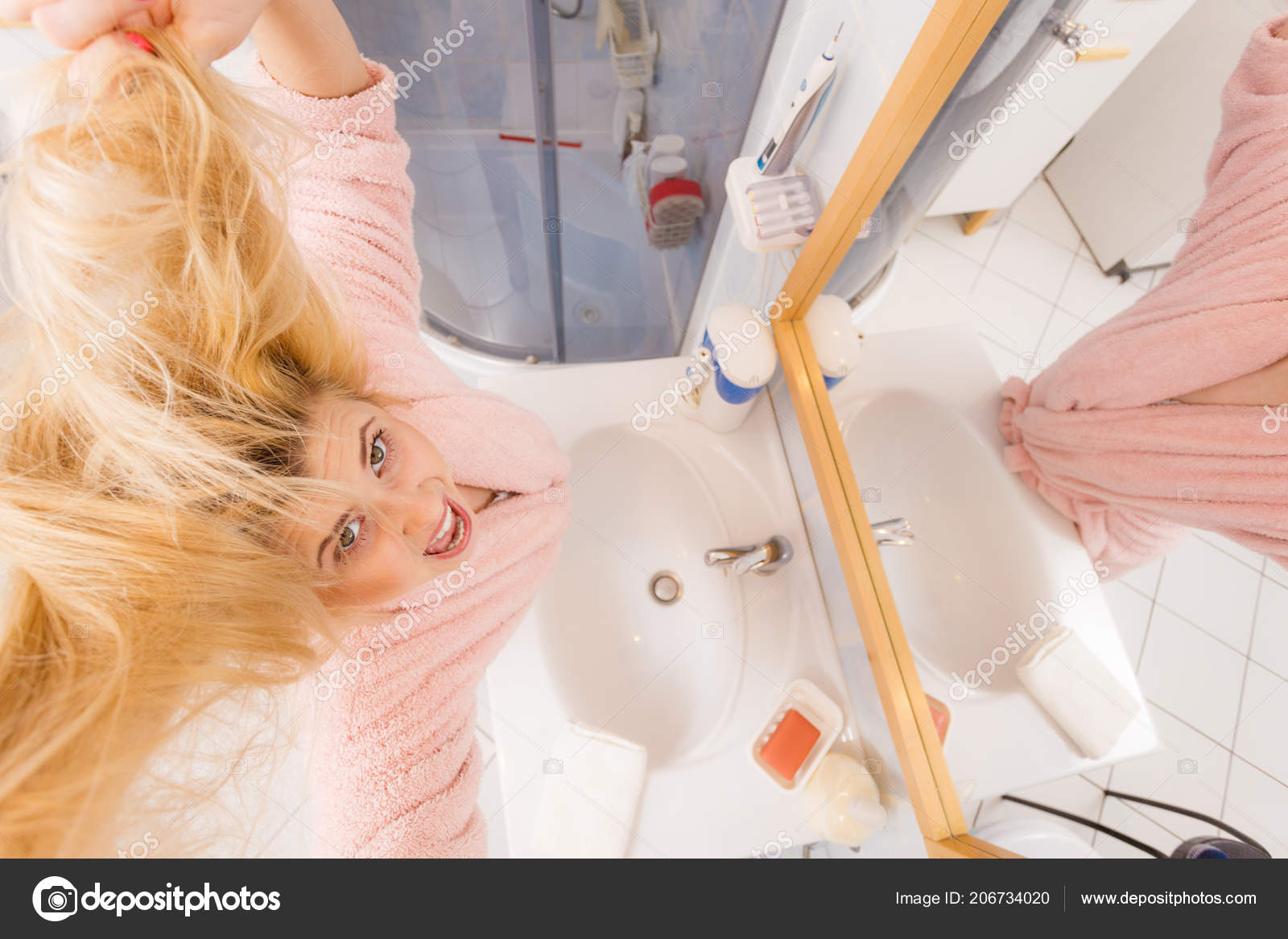 Woman Looking Her Very Tangled Blonde Dry Damaged Hair Haircare