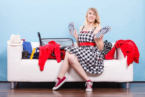 Packing Problems Necessary Things Trip Concept Woman Sitting Sofa Getting — Stock Photo, Image