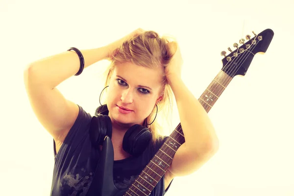 Love Music Young Pretty Girl Black Electric Guitar Blonde Woman — Stock Photo, Image