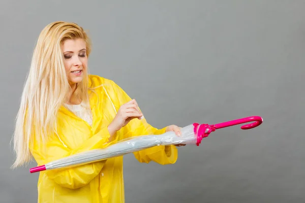 End Rainy Weather Woman Wearing Yellow Raincoat Holding Closing Umbrella — Stock Photo, Image