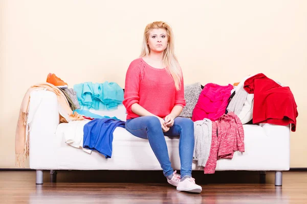 Clothing Dilemmas Concept Woman Does Know What Wear Sitting Messy — Stock Photo, Image