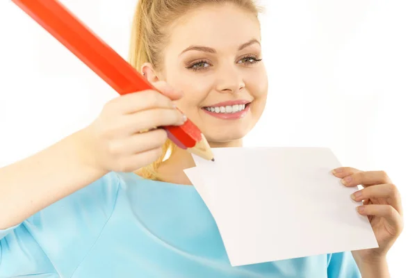 Teenage Woman Writing Some Notes Piece Paper Using Big Oversized — Stock Photo, Image