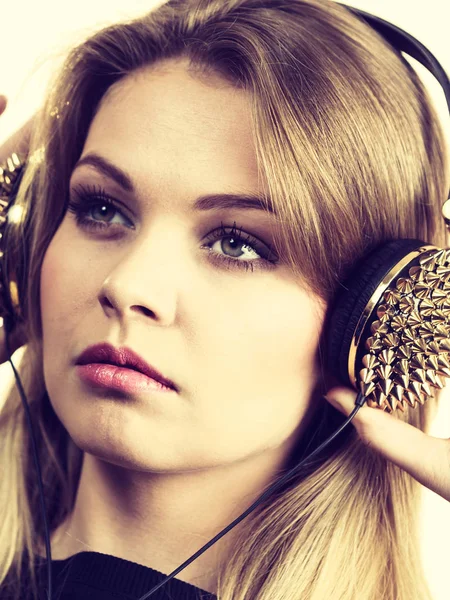 Relaxed Young Grunge Woman Wearing Black Listening Music Headphones Spikes — Stock Photo, Image