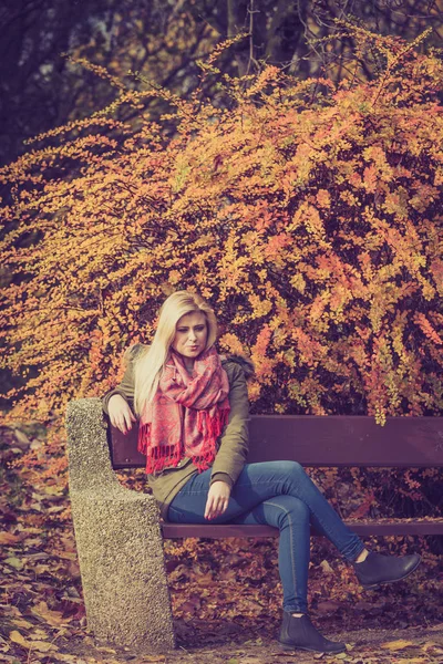 Mulher Relaxante Sentado Banco Parque Durante Clima Outono Folhas Sazonais — Fotografia de Stock