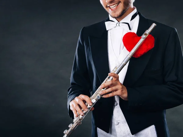 Valentines Day Love Melody Concept Flute Music Playing Male Flutist — Stock Photo, Image